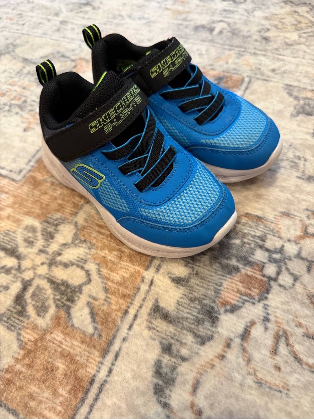 Skechers Kids Blue and Black Light-Up Sneakers with Neon Green Accents